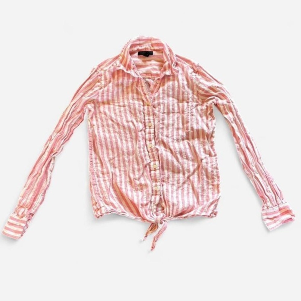 J Crew Pink White Stripe 100% Linen Button Up Shirt Tie Front Long Sleeve Women
